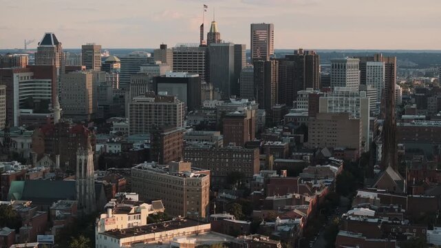 Aerial view of Downtown Baltimore at sunset