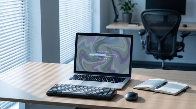 Bright and functional home office setup with an open laptop, keyboard, and notebook on a clean wooden desk, perfect for remote work productivity and creative inspiration