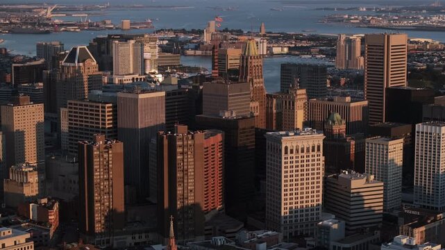 Aerial view of Downtown Baltimore at sunset