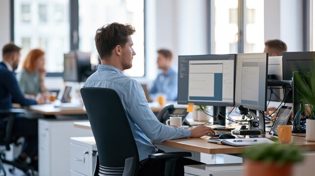 Professional software developer working on dual monitors in a modern open plan office space