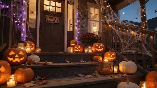 Spooky Carved Gourds Illuminate Residential Front Steps at Night