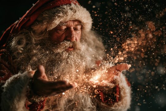 Santa claus holding hands with sparkling golden glitter dust creating christmas magic