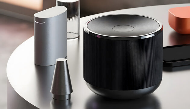 Smart home audio speaker and wireless voice assistant. High fidelity acoustics and modern sound hardware. Sleek cylindrical audio device resting on a desk surface