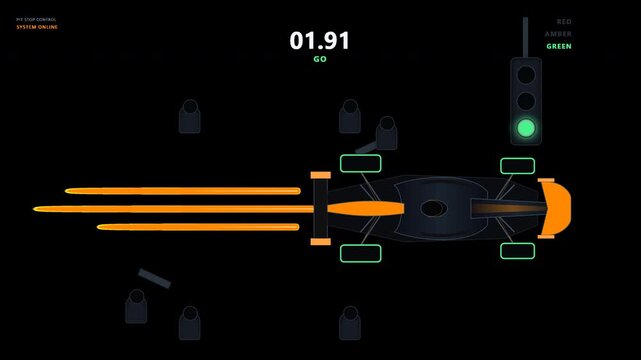 Professional Racing Pit Stop HUD Overlay Animation Featuring Generic Formula Car Silhouette with Transparent Background and Orange Accents Displaying Service Status and Timing for Broadcast