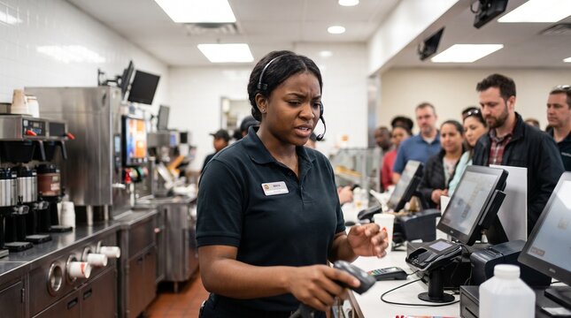 A dedicated service professional efficiently handles transactions for a diverse queue of customers at a bustling counter, demonstrating excellent customer care in a fast-paced environment
