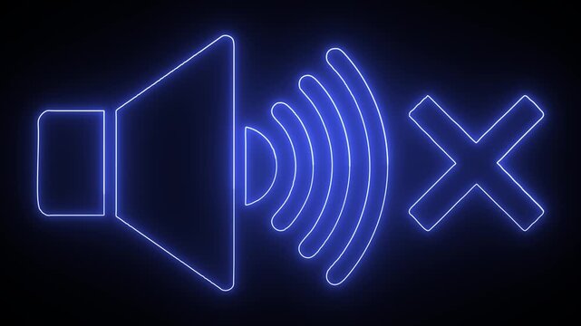 Neon mute icon glowing blue symbol for audio settings and digital interface