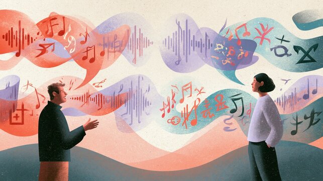 Two people exchanging abstract sound waves and symbolic language characters as metaphor for communication and fluency. This elegant represents mutual understanding and online language education