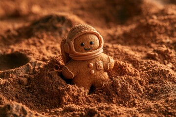 Fototapeta premium Gingerbread man in an astronaut suit standing on a cocoa powder landscape, creating a playful mars exploration scene