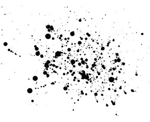 Fototapeta premium Ink splatter silhouette on white background with scattered droplets and abstract shapes