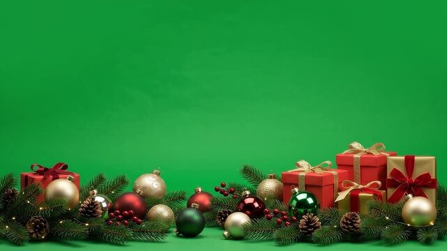 Red gift boxes and Christmas ornaments on green screen chroma key