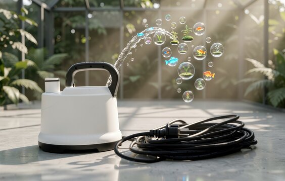 Water pump releasing magical bubbles with miniature aquatic life inside