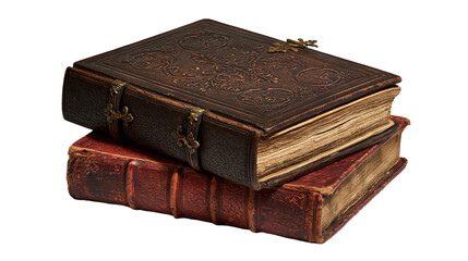 Obraz na płótnie Canvas Antique leather bound books with ornate metal clasps and weathered pages