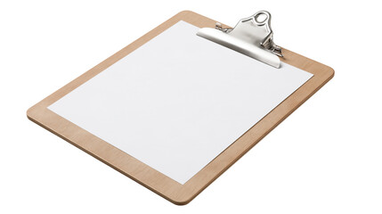 Wooden clipboard with a blank white paper sheet and a silver metal clip © Rowan
