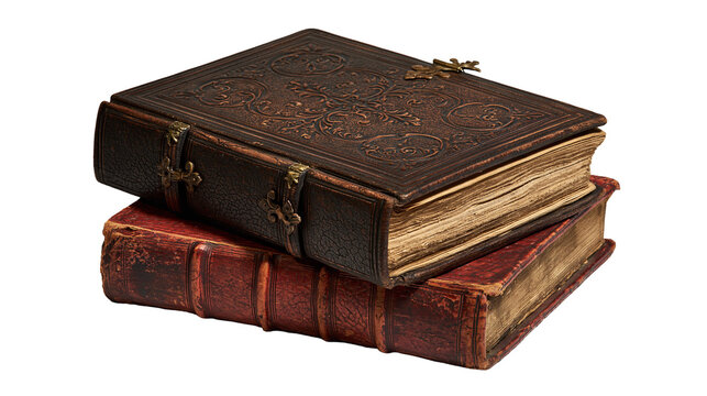 Antique leather bound books with ornate metal clasps and weathered pages