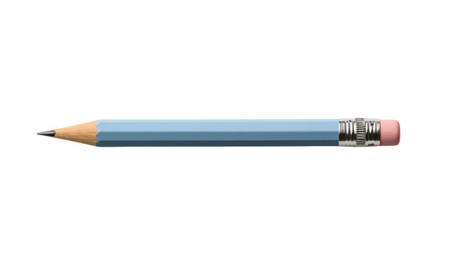 Light blue wooden pencil with sharpened graphite tip and pink rubber eraser