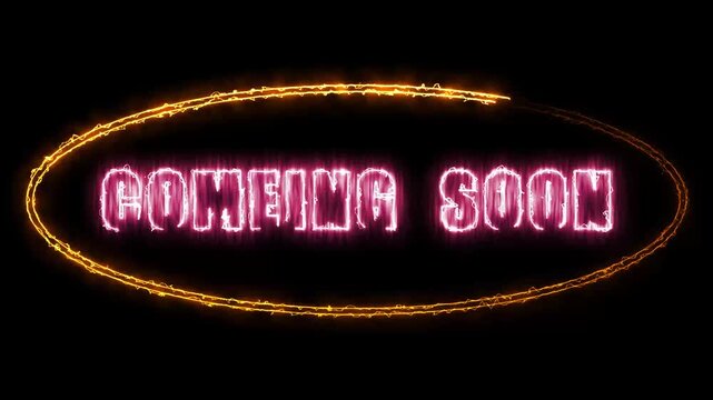 Coming soon text animation glows in neon inside an oval. Event marketing highlights the coming soon text animation. Commercial media teasers use this coming soon text animation.