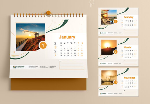 Horizontal 2027 Desk Calendar Template Design with Photo Frame and Notes