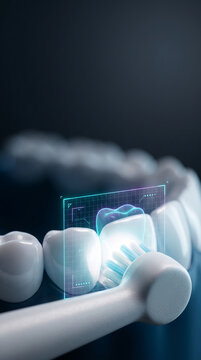 Digital dental scan technology showing tooth health analysis with electric toothbrush