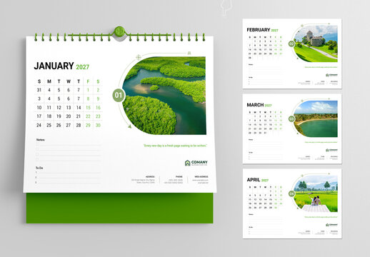2027 Wall Calendar Design Template with Eco Green Nature and Travel Theme