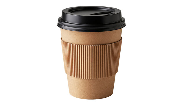 Disposable brown paper coffee cup with black plastic lid and corrugated sleeve