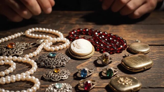 Hands arranging a collection of antique jewelry including pearls and rings on a wood surface