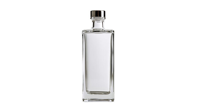 Empty rectangular glass bottle with a silver metallic cap