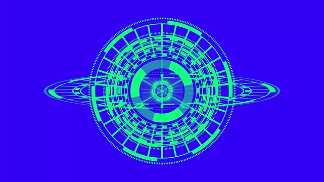 Circular HUD animation glows with green lines over blue. Advanced radar telemetry guides the circular HUD animation. Futuristic digital screens use this circular HUD animation.