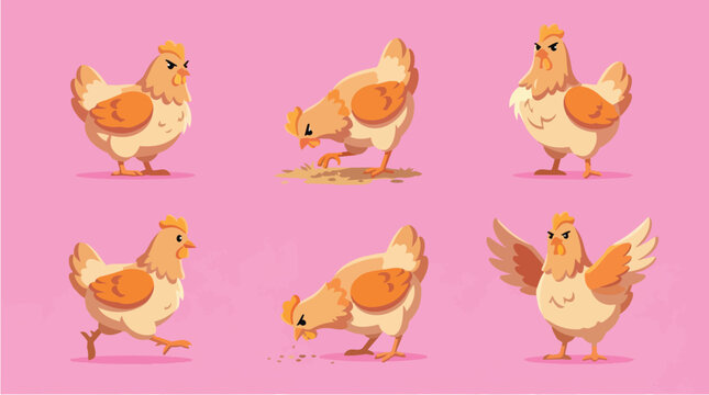 Flat Set Collection of Six Cartoon Chickens in Various Poses