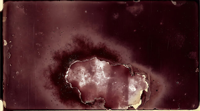 Distressed burgundy celluloid film texture with vintage light leak and scratches.