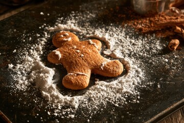 Obraz premium Gingerbread cookie lying in powdered sugar creating a snow angel shape