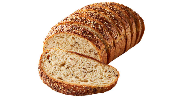 Sliced multigrain bread loaf with flax seeds and sesame seeds on top