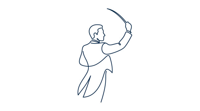 Minimalist continuous line drawing of a music conductor, orchestra leader with baton in tuxedo, elegant symphony director vector illustration