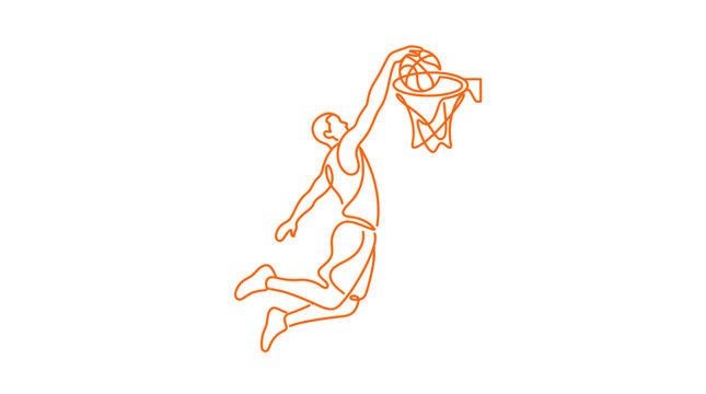 Minimalist basketball player dunking vector, orange continuous line art of athlete scoring, modern sports silhouette for logo or graphic design