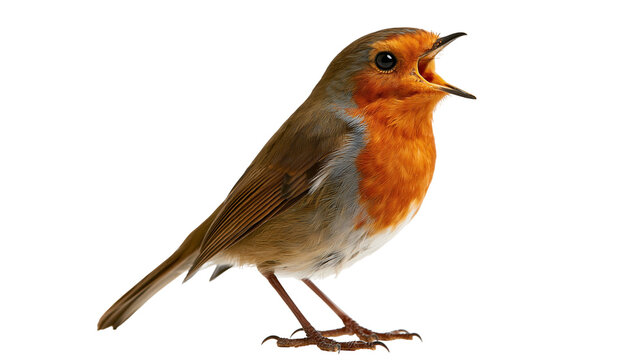 European robin bird with orange breast and brown wings singing with open beak