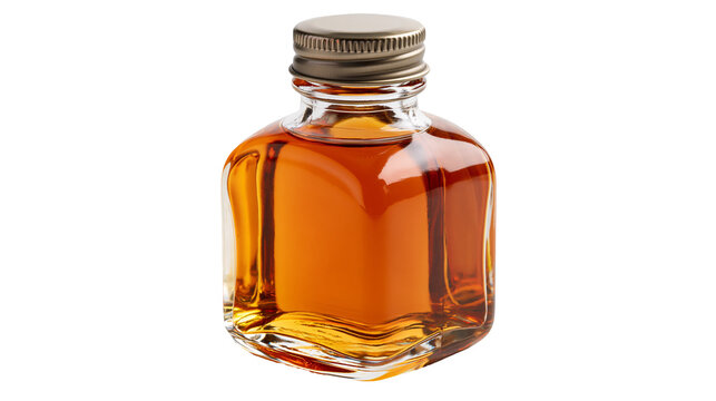 Small square glass bottle filled with amber liquid and a metallic screw cap