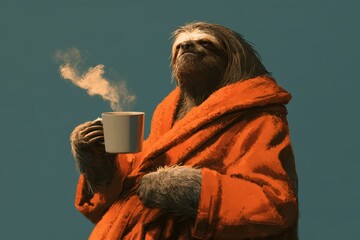 Fototapeta premium Sloth wearing a warm orange bathrobe and holding a steaming cup of coffee