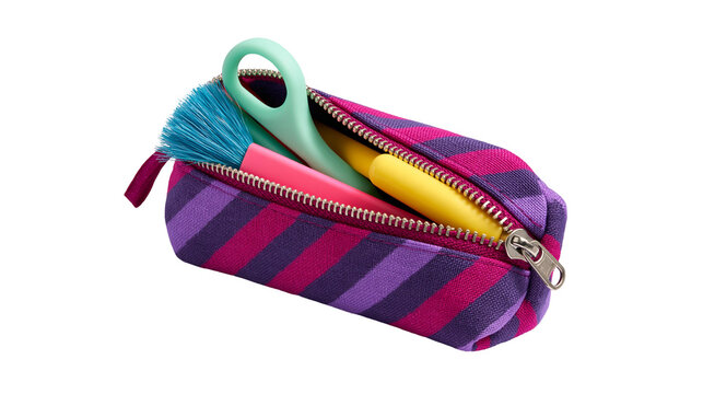 Purple and pink striped fabric pencil case with small brush and scissors inside