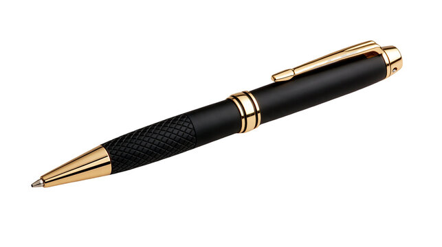 Matte black ballpoint pen with gold accents and textured grip