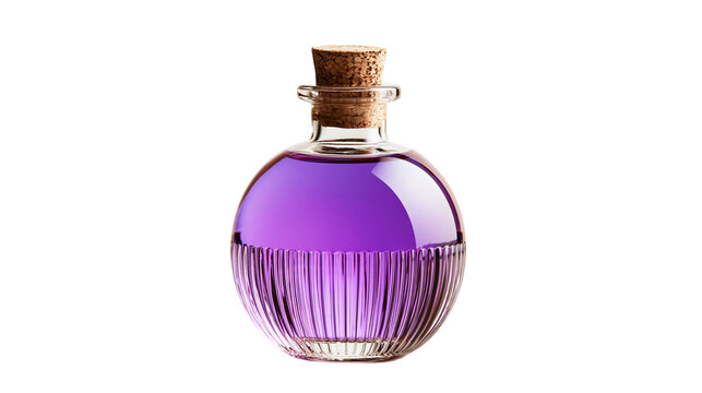 Round ribbed glass bottle with purple liquid and cork stopper