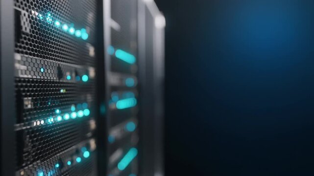 Modern data center server rack with blinking blue and cyan LED lights in a looping shot