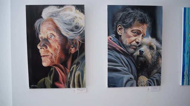 Two portrait paintings, one of an elderly woman in profile and another of a man embracing a dog, hang on a gallery wall, Slow Motion.
