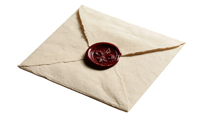 Vintage textured paper envelope sealed with red wax and fleur de lis emblem © Rowan