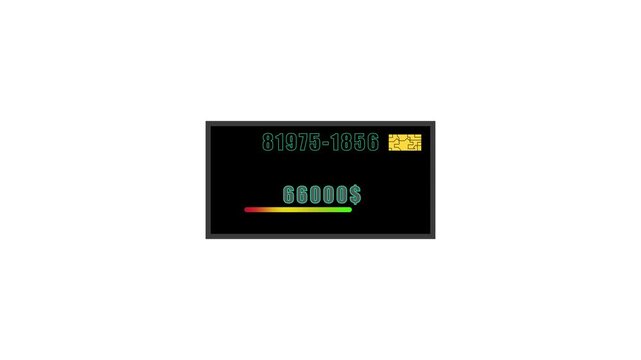 Digital display animation displays money figures and bars. System buffering metrics update on the digital display animation. Modern monetary transaction records use this digital display animation.