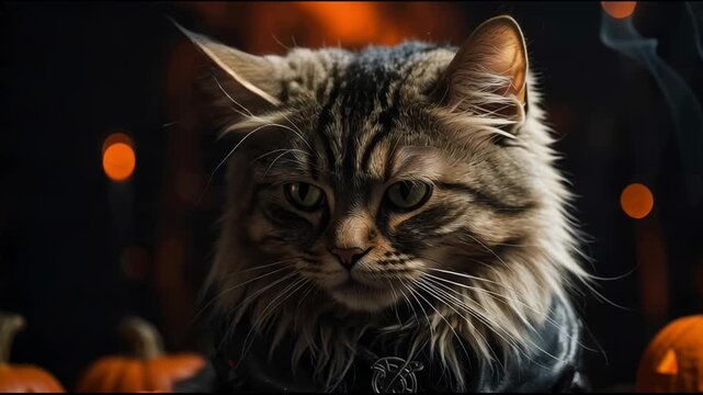 Cute fluffy cat witch suit dark scary pumpkin Halloween background AI Generative