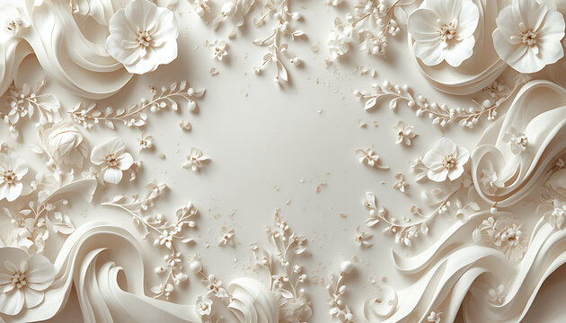 Floral ornament with sculpted petals and swirling foliage rendered in creamy white