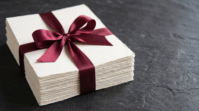 Stack of blank cards tied with elegant burgundy ribbon on dark surface