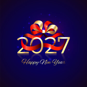 New Year 2027, 27. Holiday greeting card. 2027 with red golden ribbon bow on blue background. New Year design for invitation, calendar, greeting card. Shiny gold logo. Party event decoration, vector