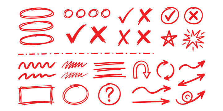 Set of hand drawn red markers circles check marks crosses arrows and doodles for notes