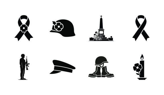 Set of black military remembrance icons featuring poppies helmets and memorial monuments on white
