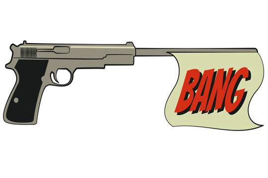 Cartoon gun with bang banner, retro graphic illustration revolver, isolated on transparent background, clipart